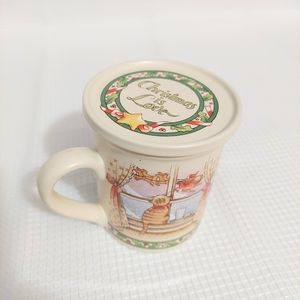 Country Cousins Christmas Mug w Lid Coaster Country Style Coffee Cup